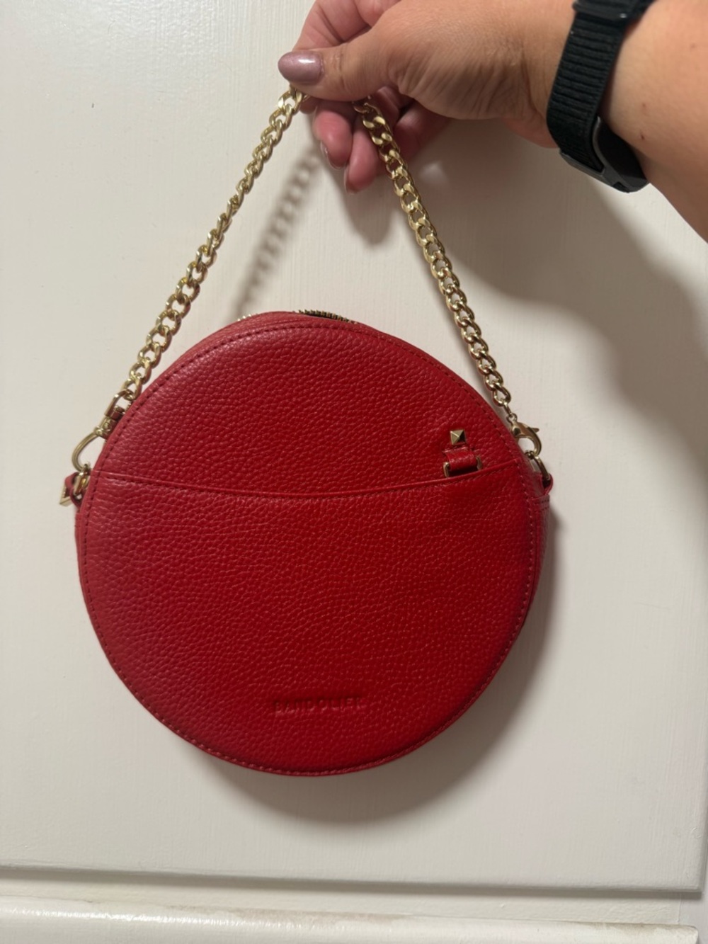 Bandolier Leah Red Round Leather Crossbody with Gold Chain